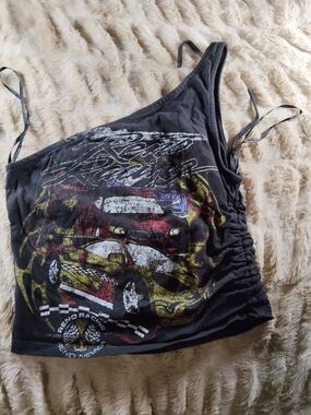 Forever 21 Black Racerback Tank Top with Graphic Detail